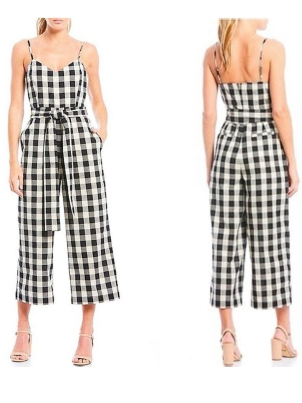 English Factory Gingham Spaghetti Strap Jumpsuit Cropped Black Cream Size Large